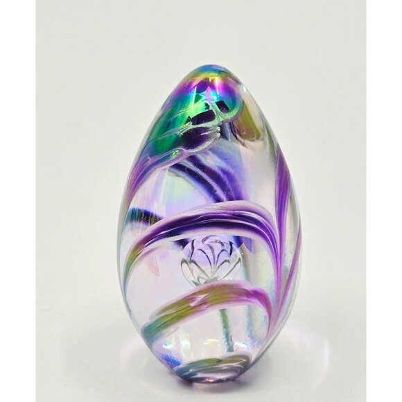 Hand-Blown Glass Eye Studio Multicolor Glass Egg Paperweight With Swirling Purpl - Picture 1 of 5